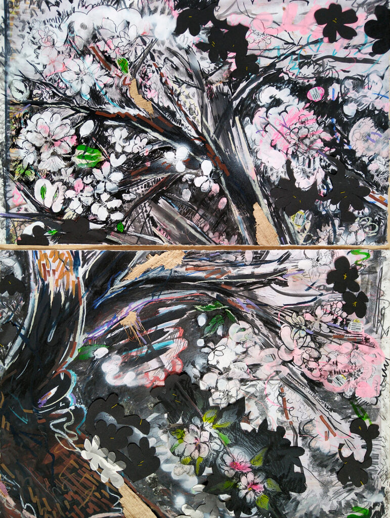 Mixed media drawing by artist Isa Rodriguez shows a fragmented view of an apple tree in full bloom.
