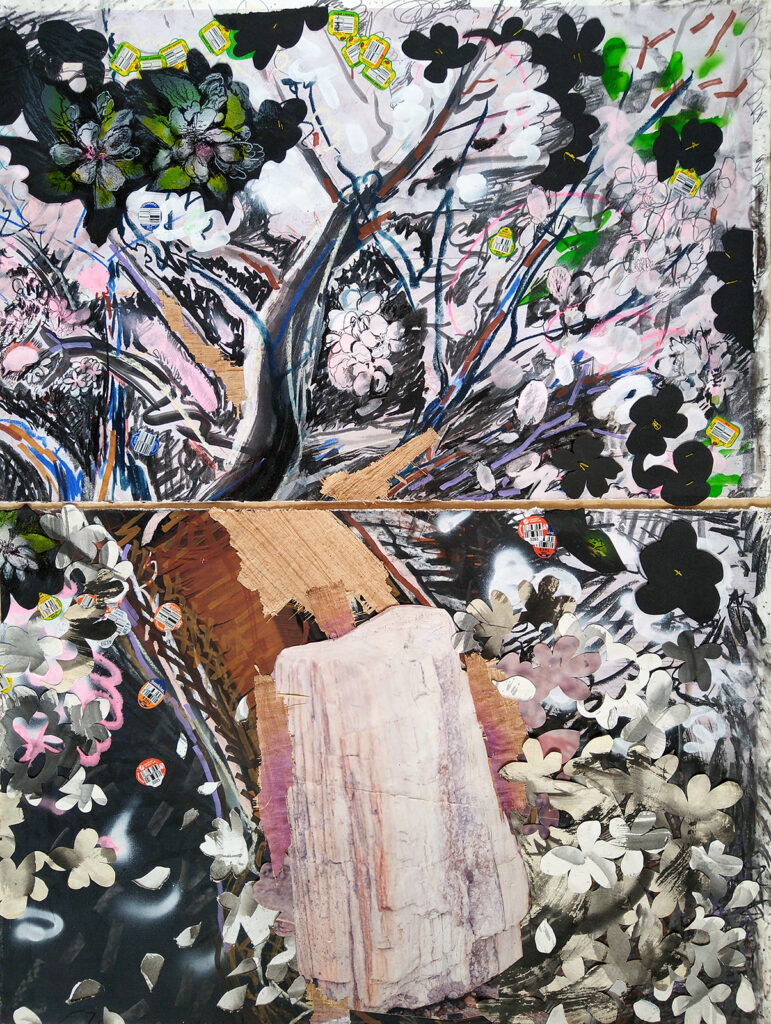 Mixed media drawing by artist Isa Rodriguez shows a fragmented view of an apple tree in full bloom.