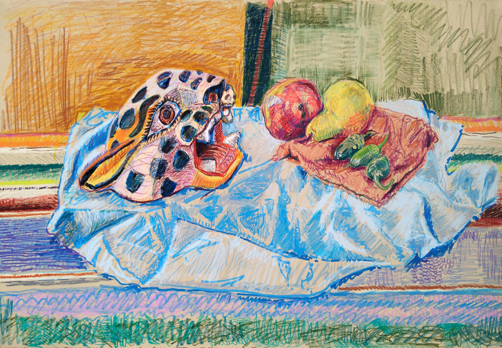 Mixed media drawing by artists Isa Rodriguez and Dylan Cale Jones showing a wooden jaguar mask on a cloth with pears and peppers.