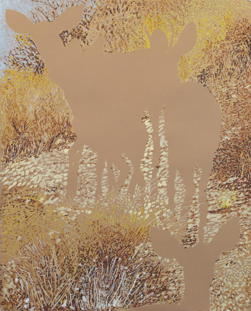 This large mixed media drawing by artist Isa Rodriguez shows the ghosts of four deer walking through a sun-drenched landscape.